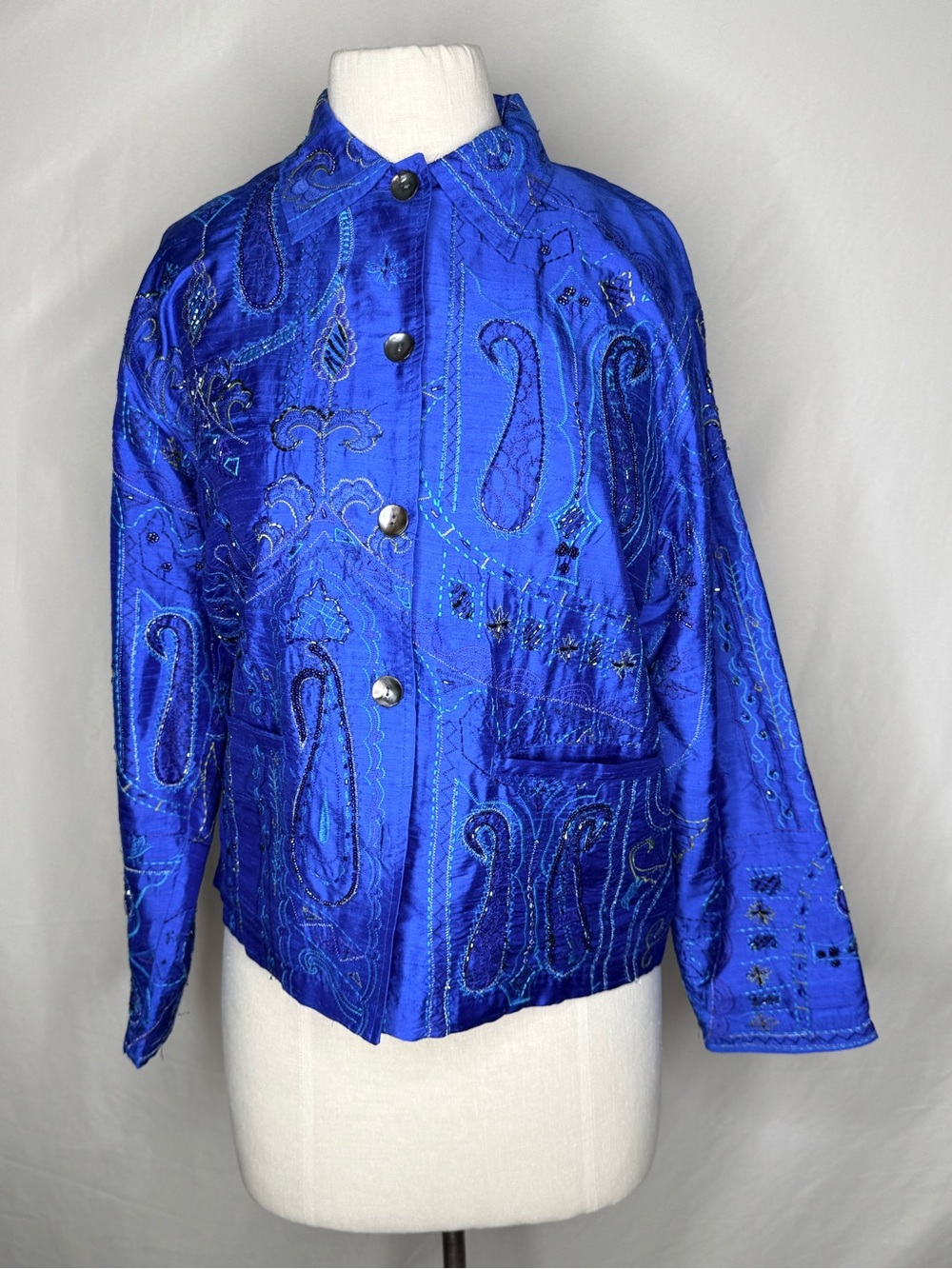Vintage Chico's Royal Blue Raw Silk Beaded Paisley Jacket - Size 1